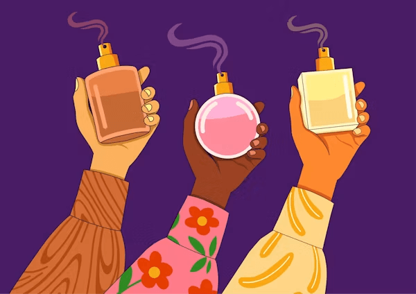 Illustration of diverse hands holding Razzaq Luxe fragrance bottles